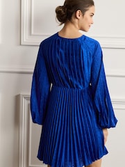 Blue Pleated Occasion Long Sleeve Mini Dress - Image 3 of 5