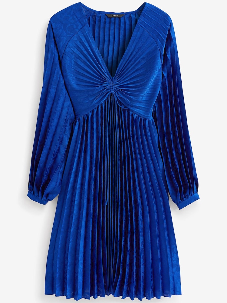 Blue Pleated Occasion Long Sleeve Mini Dress - Image 5 of 5