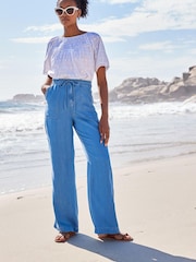 Mid Blue Lyocell Tie Waist Wide Leg Trousers - Image 1 of 3