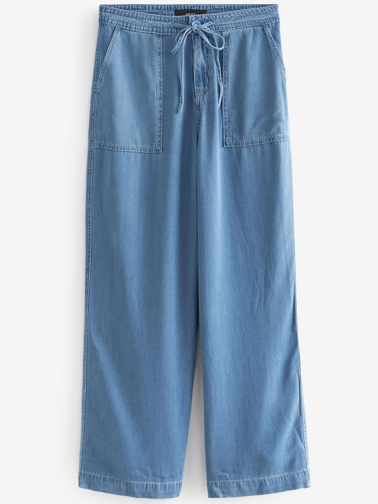 Mid Blue Lyocell Tie Waist Wide Leg Trousers - Image 3 of 3