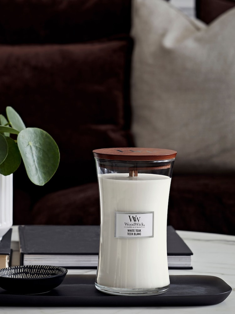 Woodwick White Large Hourglass Teak Candle - Image 1 of 2