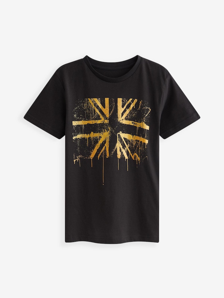 Black/Gold Union Jack Flag Short Sleeve T-Shirt (4-15yrs) - Image 1 of 3