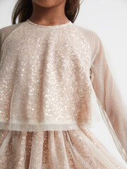 Reiss Gold Mika Senior Sequin Sheer Tutu Dress - Image 1 of 6