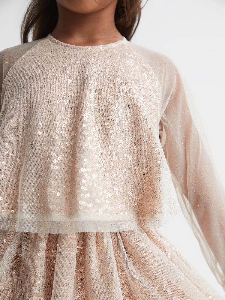 Reiss Gold Mika Senior Sequin Sheer Tutu Dress - Image 1 of 6