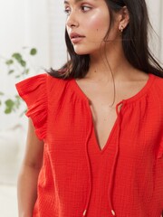 Red Cotton Crinkle Frill Top - Image 1 of 6