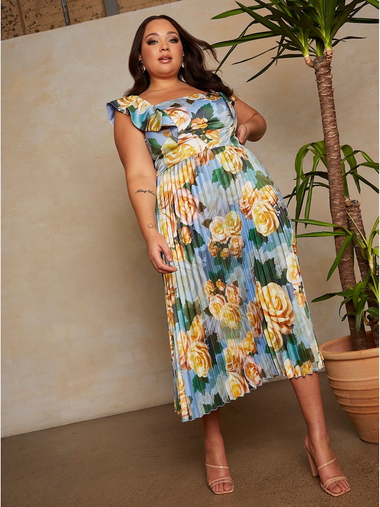 Chi Chi London Blue Curve Ruffle Floral Print Midi Dress - Image 2 of 5 Chi Chi London Blue Curve Ruffle Floral Print Midi Dress - Image 2 of 5
