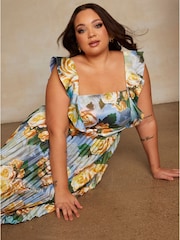 Chi Chi London Blue Curve Ruffle Floral Print Midi Dress - Image 4 of 5