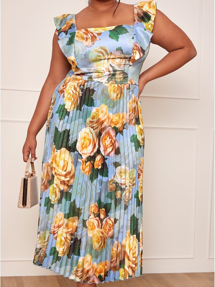 Chi Chi London Blue Curve Ruffle Floral Print Midi Dress - Image 5 of 5