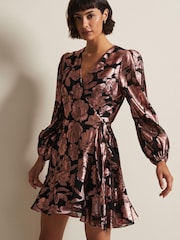 Phase Eight Pink Juniper Foil Jacquard Wrap Dress - Image 1 of 6
