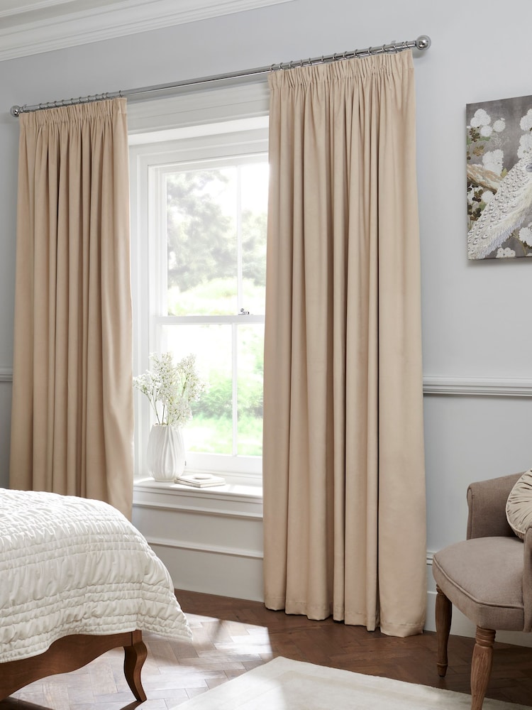 Oatmeal Natural Matte Velvet Pencil Pleat Blackout/Thermal Curtains - Image 1 of 9