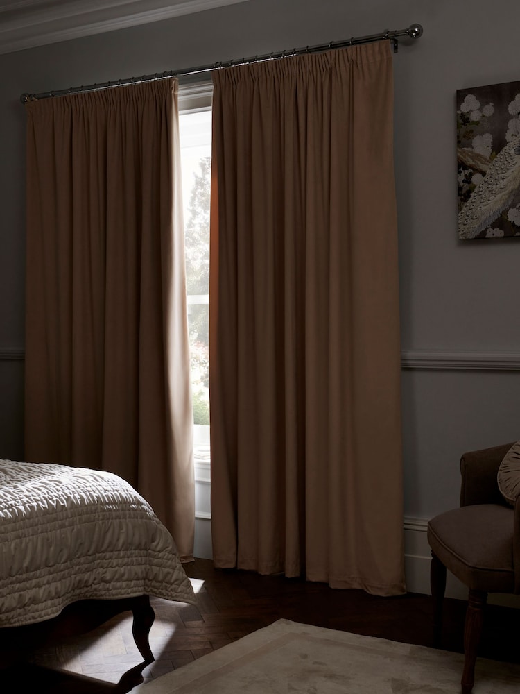 Oatmeal Natural Matte Velvet Pencil Pleat Blackout/Thermal Curtains - Image 3 of 9