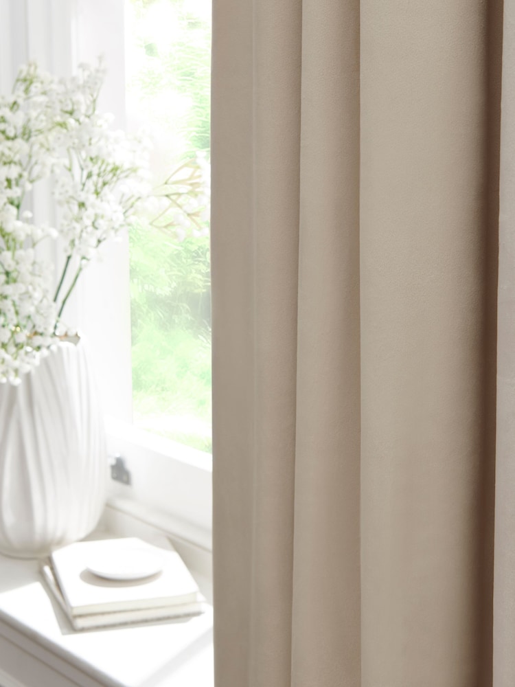 Oatmeal Natural Matte Velvet Pencil Pleat Blackout/Thermal Curtains - Image 6 of 9