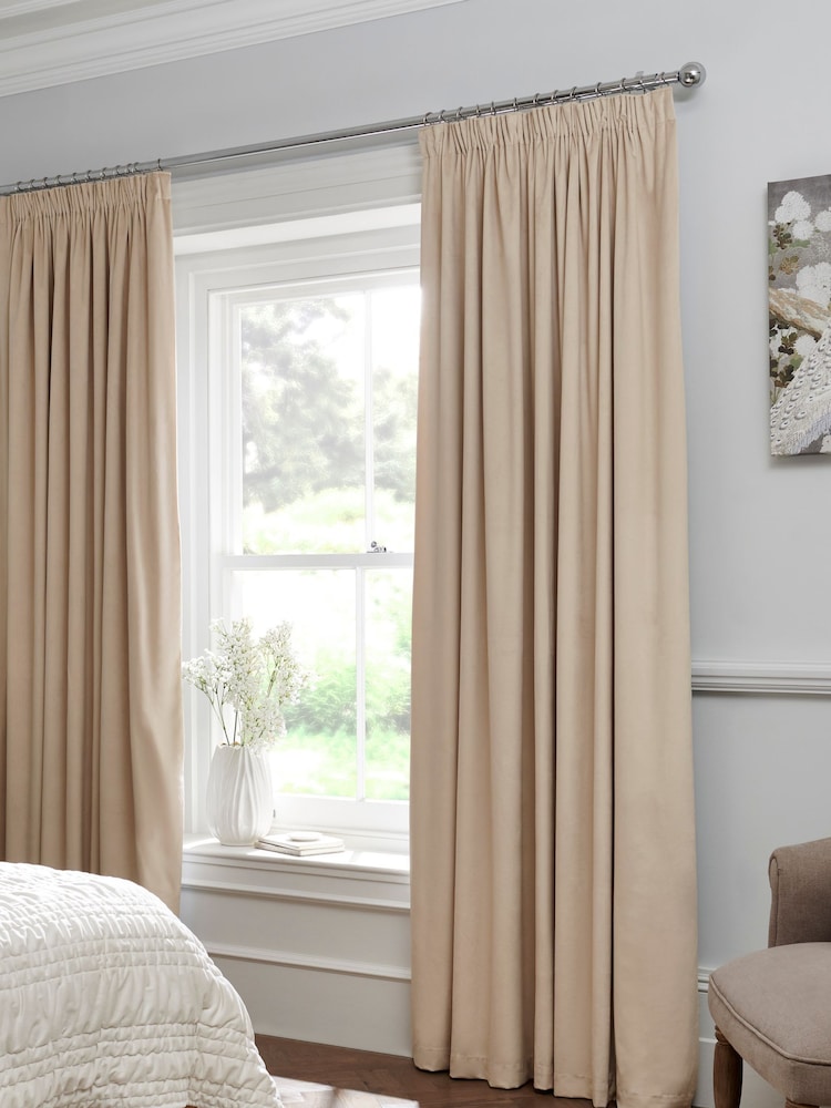 Oatmeal Natural Matte Velvet Pencil Pleat Blackout/Thermal Curtains - Image 8 of 9