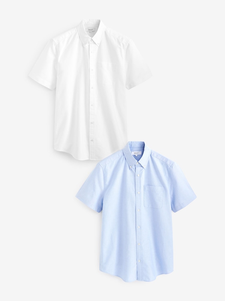 White/Blue 100% Cotton Short Sleeve Oxford Shirts 2 Pack - Image 1 of 7