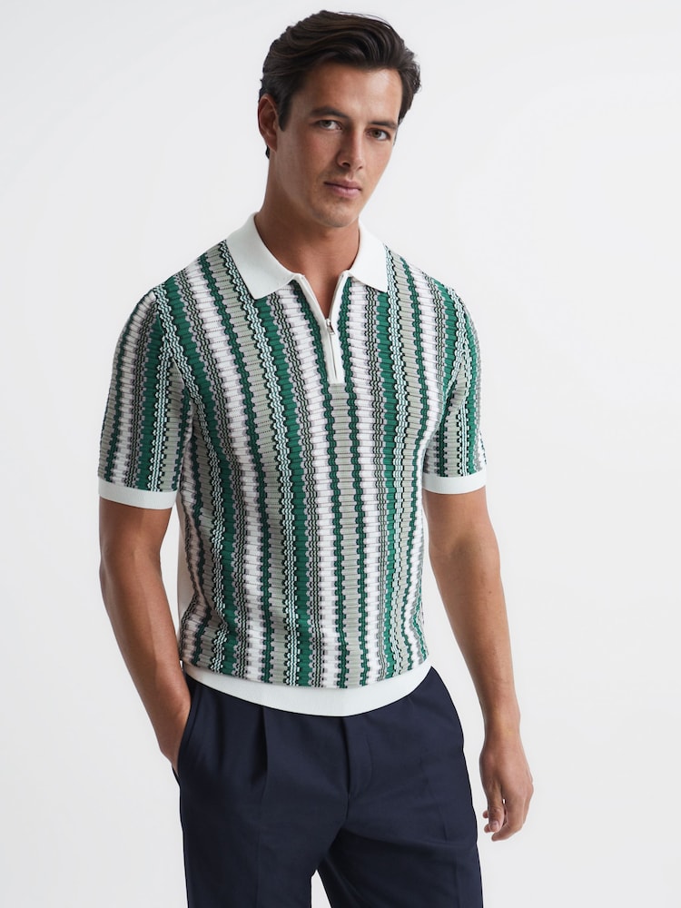 Reiss Sage Redbourne Slim Fit Half Zip Stripe Polo Shirt - Image 1 of 6