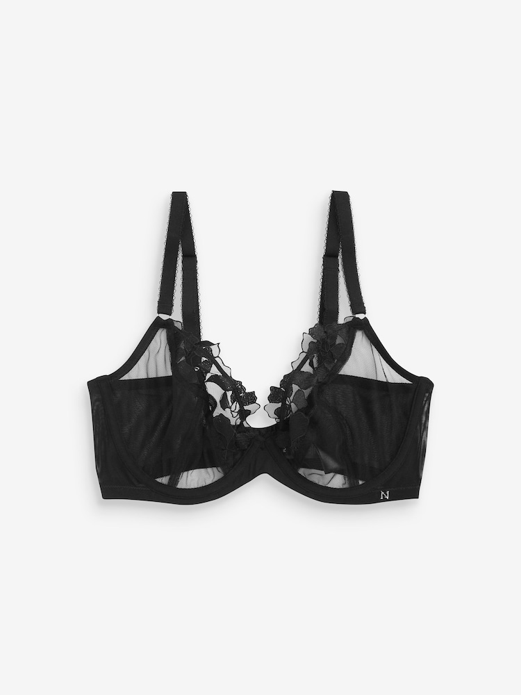Black DD+ Non Pad Plunge Floral Embroidered Bra - Image 3 of 3