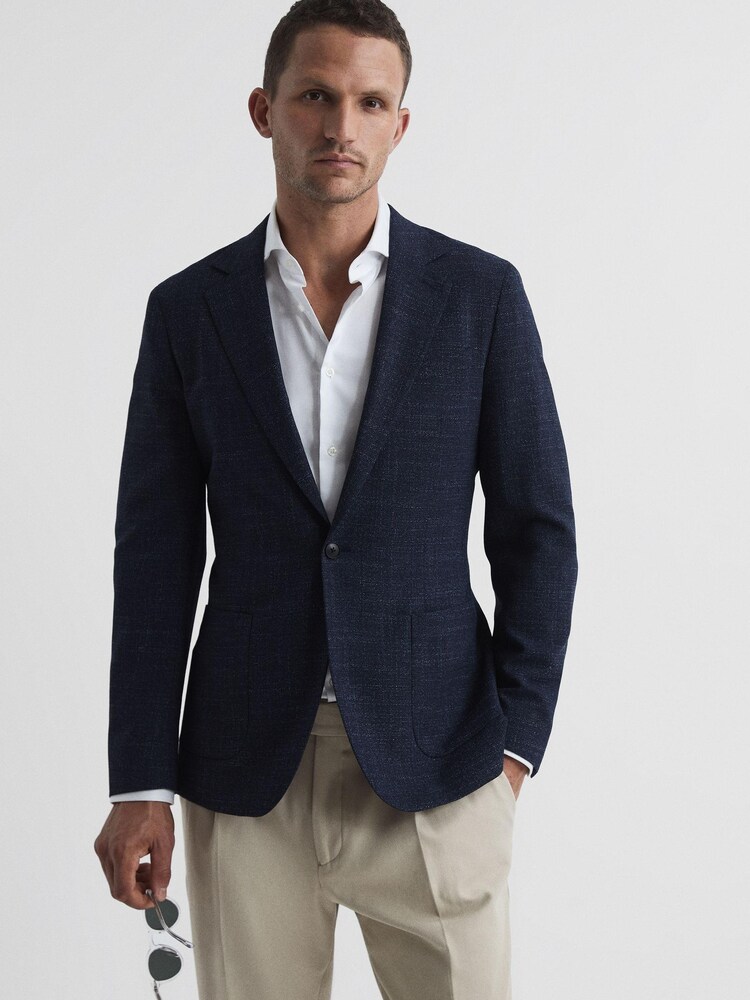 Reiss Navy Seep Single Breasted Flecked Slim Fit Blazer - Image 1 of 11