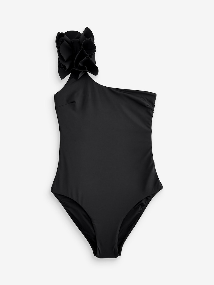Schwarz - Bauchformender One-Shoulder-Badeanzug mit Rüschen - Bild 6 von 6