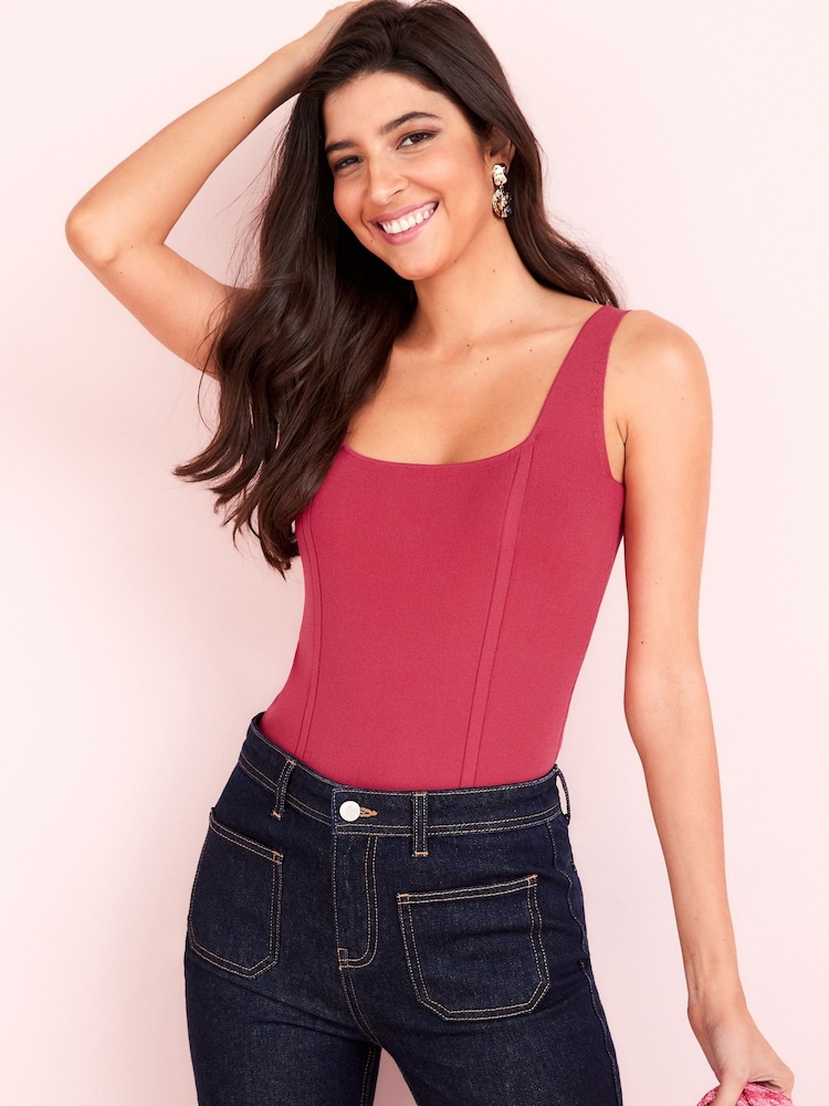 Pink - Strick-Trägertop mit eckigem Ausschnitt und Korsettdetails - Bild 1 von 5