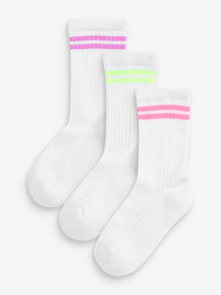 White with fluorescent stripe Regular Length Cotton Rich Cushioned Sole Ankle Socks 3 Pack - Image 1 of 1