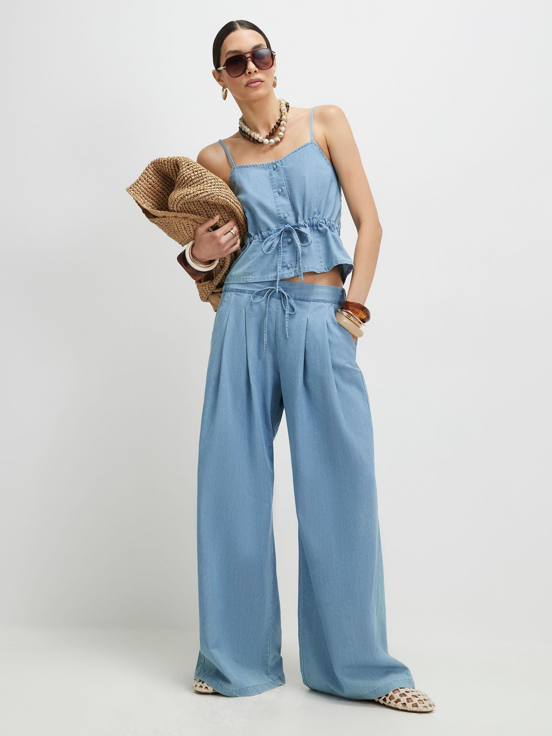 Buy River Island Blue Drawstring Denim Look Wide Leg Trousers from