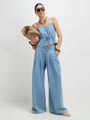 River Island Blue Drawstring Denim Look Wide Leg Trousers - Image 1 of 4