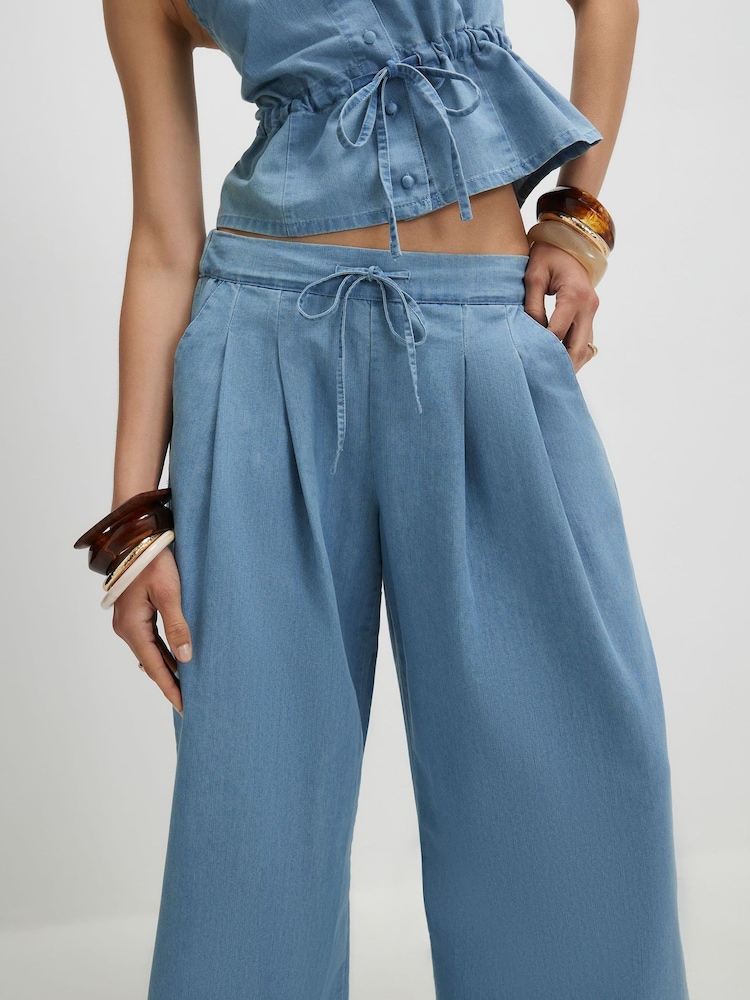 River Island Blue Drawstring Denim Look Wide Leg Trousers - Image 4 of 4