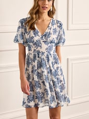 Blue/White Floral Print Lace Tie Back Dress - Image 1 of 5
