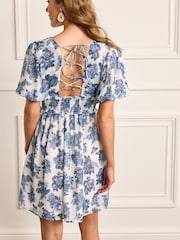 Blue/White Floral Print Lace Tie Back Dress - Image 3 of 5
