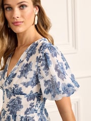 Blue/White Floral Print Lace Tie Back Dress - Image 4 of 5