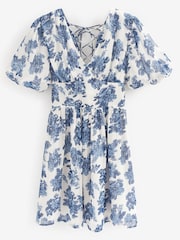 Blue/White Floral Print Lace Tie Back Dress - Image 5 of 5