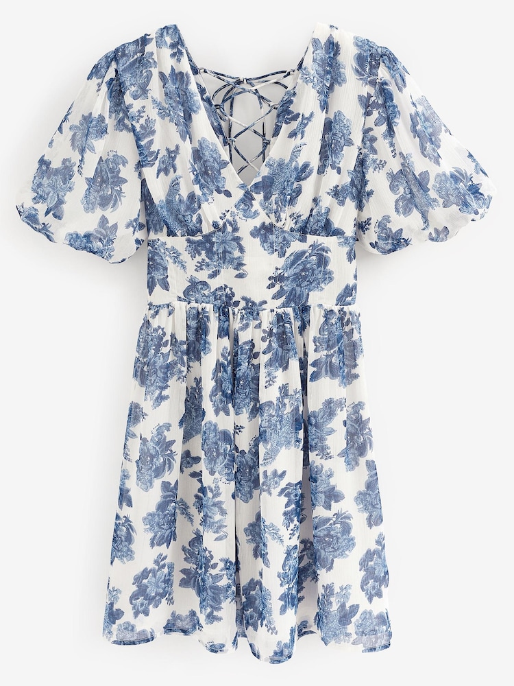 Blue/White Floral Print Lace Tie Back Dress - Image 5 of 5