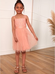 Chi Chi London Pink Girls Embroidered Lace Tulle Midi Dress - Image 1 of 5