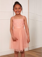 Chi Chi London Pink Girls Embroidered Lace Tulle Midi Dress - Image 3 of 5