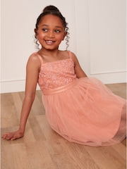 Chi Chi London Pink Girls Embroidered Lace Tulle Midi Dress - Image 4 of 5