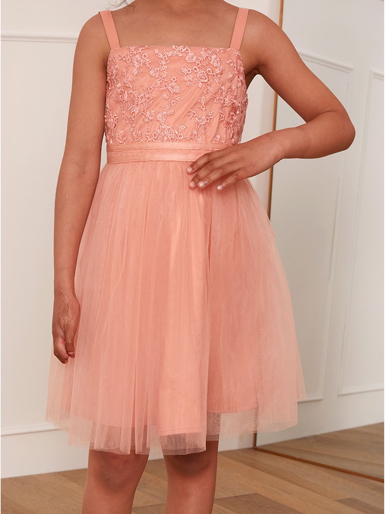 Chi Chi London Pink Girls Embroidered Lace Tulle Midi Dress - Image 5 of 5 Chi Chi London Pink Girls Embroidered Lace Tulle Midi Dress - Image 5 of 5