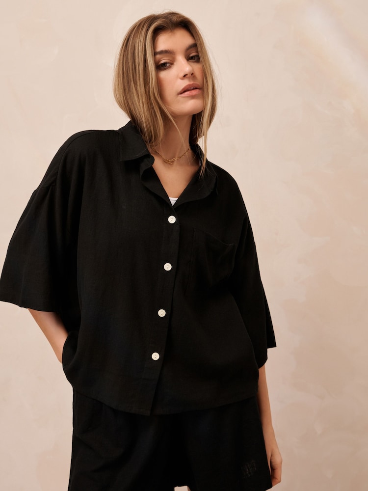 Black Linen Blend Shirt - Image 1 of 6 Black Linen Blend Shirt - Image 1 of 6