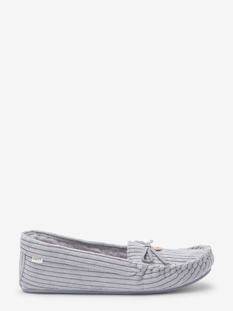 Blue Corduroy Faux Fur Lined Moccasin Slippers - Image 1 of 5 Blue Corduroy Faux Fur Lined Moccasin Slippers - Image 1 of 5