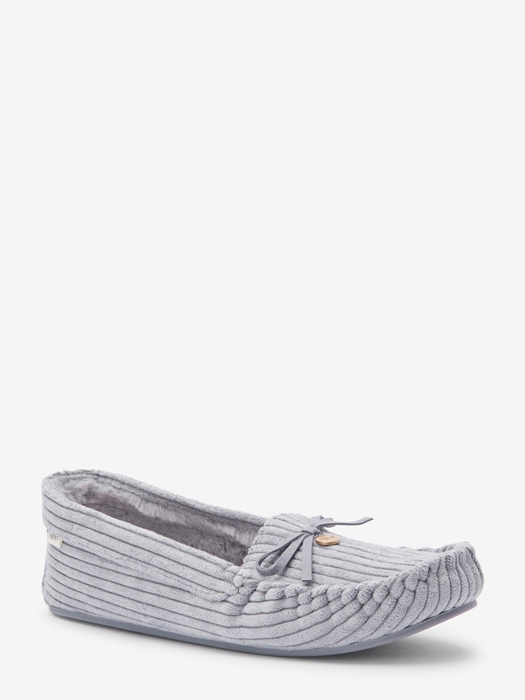 Blue Corduroy Faux Fur Lined Moccasin Slippers - Image 2 of 5 Blue Corduroy Faux Fur Lined Moccasin Slippers - Image 2 of 5