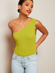 Olivgrün - One-Shoulder-Stricktop mit Knopfdetails - Bild 1 von 4