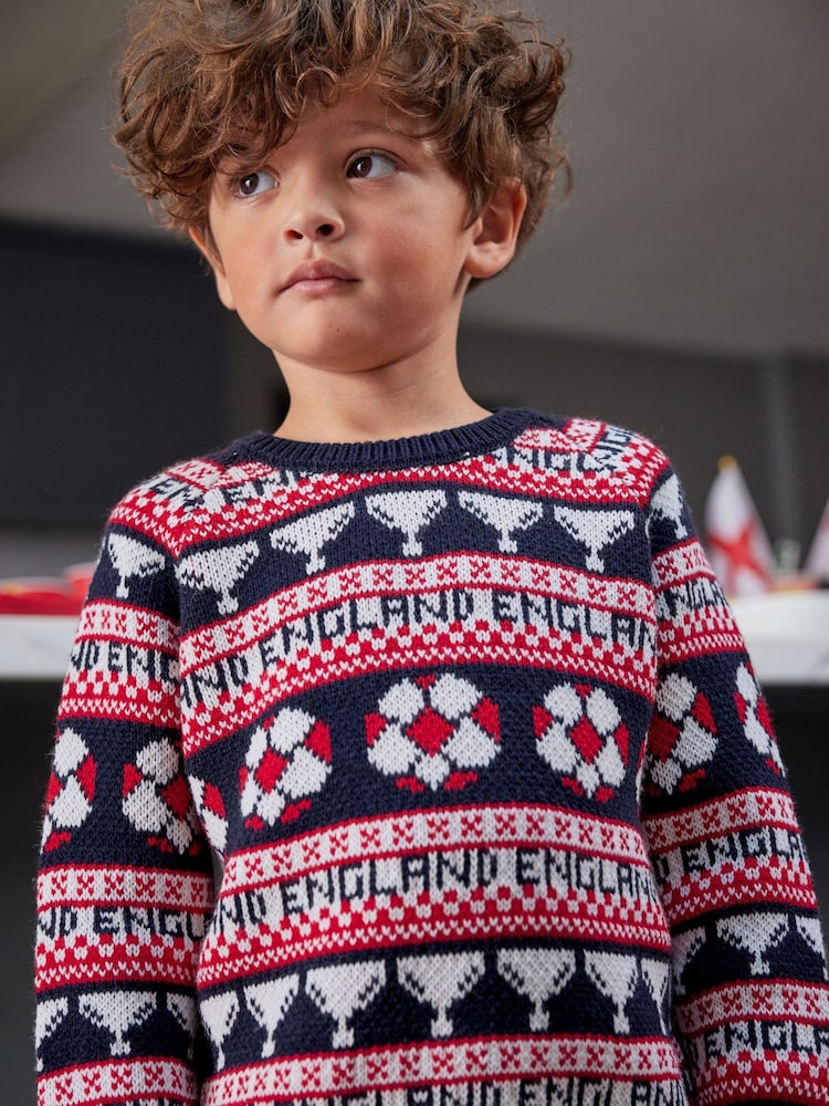 Blau - Fußball-Fairisle-Pullover mit Crew-Muster (3Monate -16Jahre) - Bild 1 von 7 Blau - Fußball-Fairisle-Pullover mit Crew-Muster (3Monate -16Jahre) - Bild 1 von 7