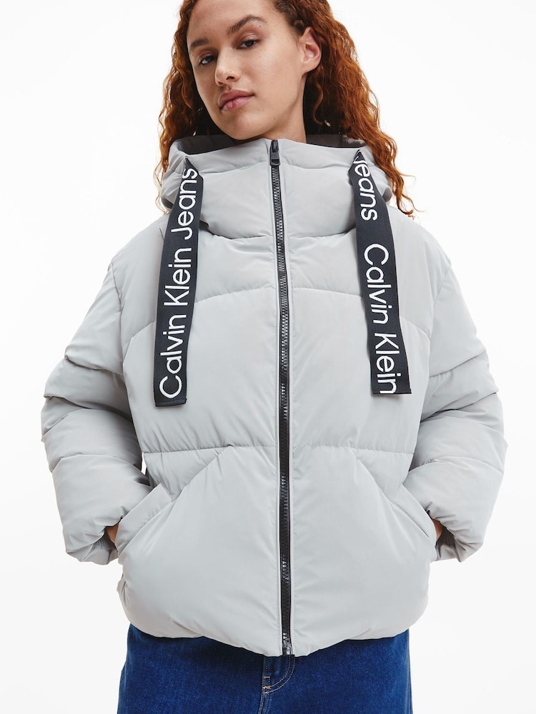 Calvin Klein Jeans Grey Drawstring Soft Touch Puffer Jacket - Image 1 of 6