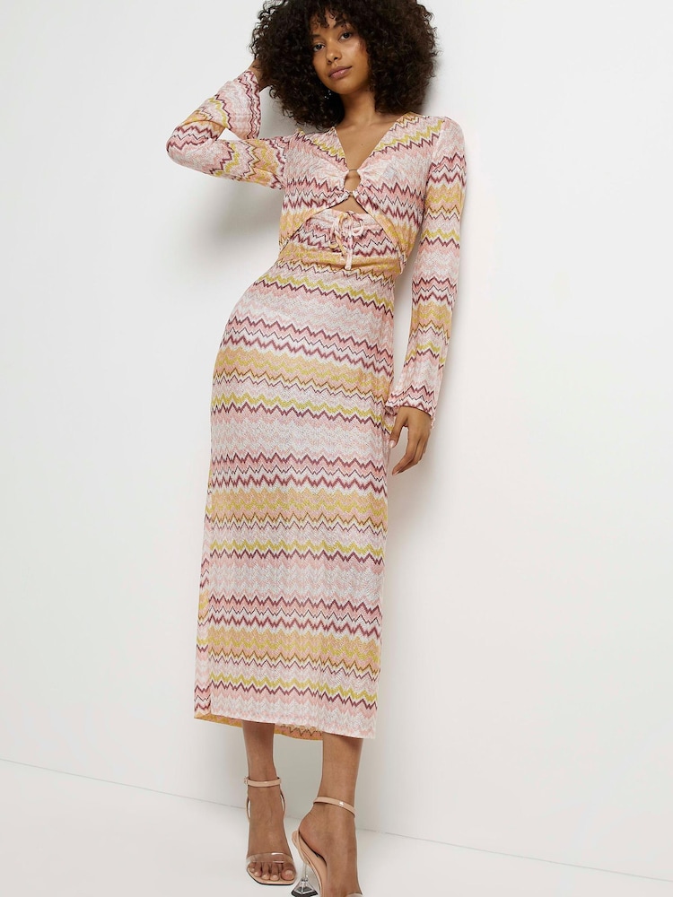 River Island Pink Chevron Knit Cut Out Midi Dress - Image 1 of 4 River Island Pink Chevron Knit Cut Out Midi Dress - Image 1 of 4