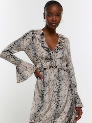 River Island Grey V-Neck Snake Tea Mini Dress - Image 1 of 4