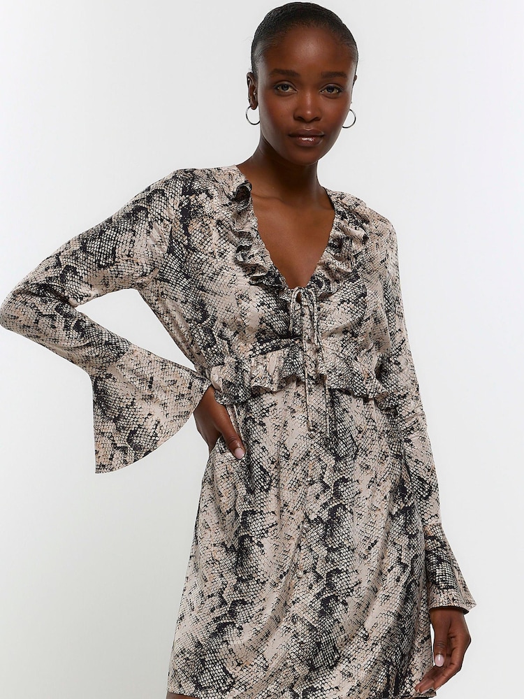 River Island Grey V-Neck Snake Tea Mini Dress - Image 1 of 4