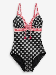 Black/White Woodblock Lace Up Plunge Swimsuit - Image 4 of 4