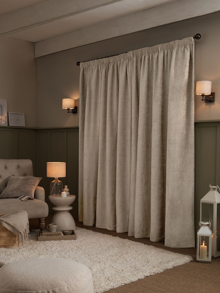 Natural Heavyweight Chenille Pencil Pleat Super Thermal Curtains - Image 2 of 7