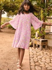Purple Animal Print Pleated Angel Sleeve Dress (3-16yrs) - Image 1 of 5