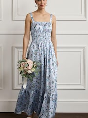 Blue Floral Bridesmaid Glossy Satin Ruched Midi Dress - Image 1 of 5
