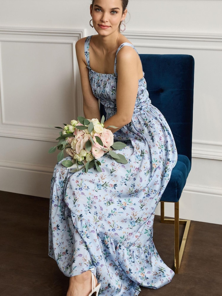 Blue Floral Bridesmaid Glossy Satin Ruched Midi Dress - Image 2 of 5